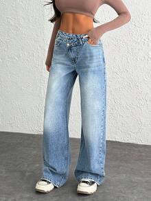 CasuGlow WOMEN CLASSIC HIGH WAIST WIDELEG MEDIUM WASH DENIM JEAN ASYMETRIC WAIST Y2K Women Jeans Baggy Baggy Jeans Y2k Loose Jeans - Medium Wash - View 5