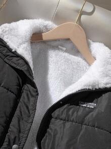 保暖内衬，少女休闲高领拉链宽松外套，带假口袋，适合寒冷天气和秋冬季节穿着。 - 黑色 - 查看 3