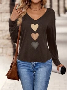 EMERY ROSE Camiseta de mujer de manga larga con cuello en V, de estilo minimalista casual, con rayas verticales y patrón de corazón acuarelado, apropiada para primavera/otoño