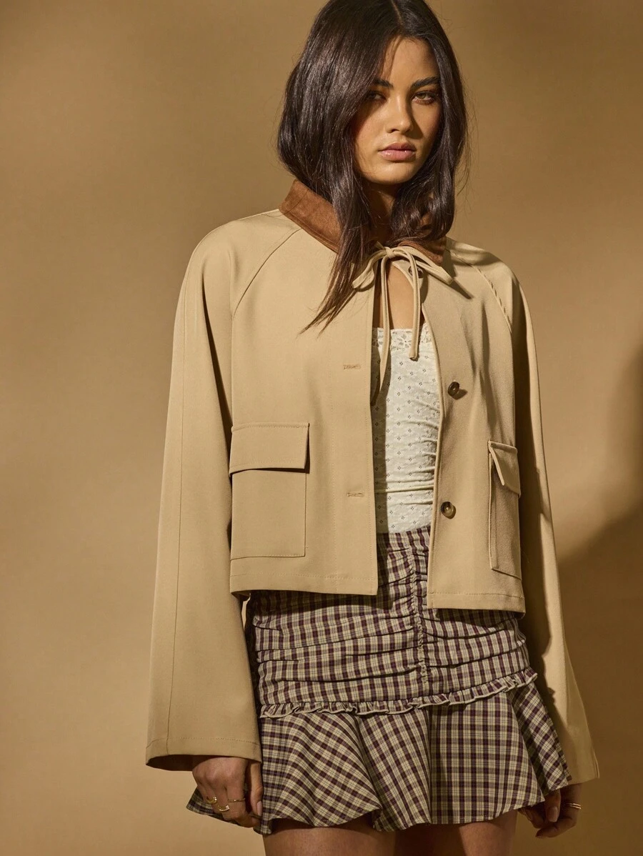 Aralina Women's Casual Autumn/Winter Boho Cute Barn Jacket With Suede Collar Perfect For Going Out And Teacher And Church - Khaki - View 1