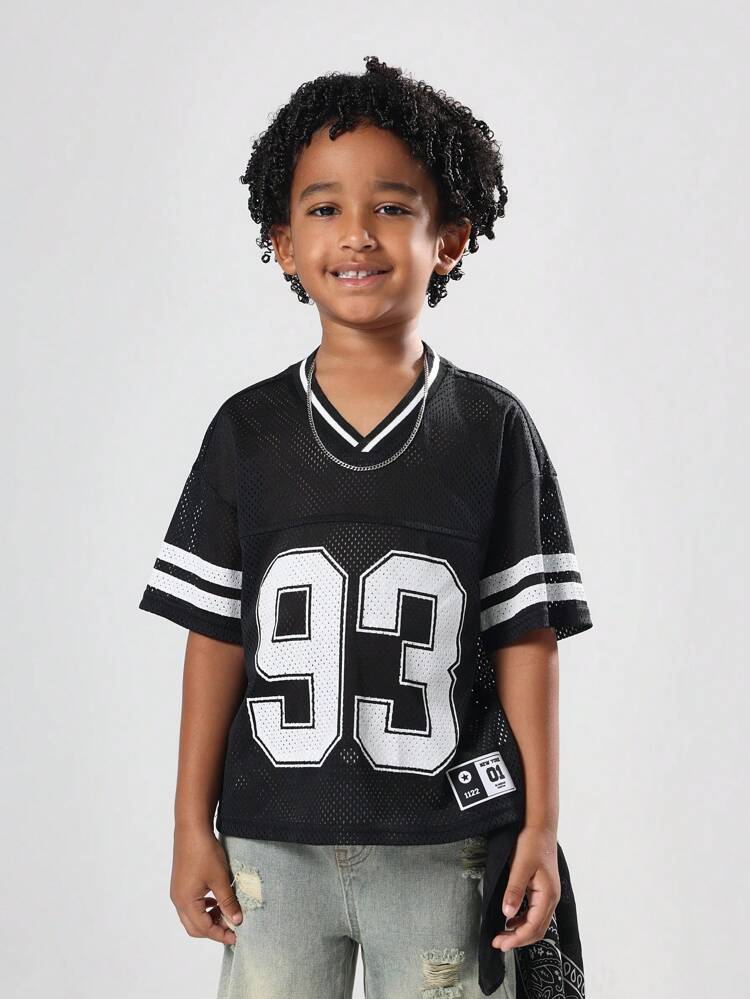 Mesh Jersey T-Shirt With Number Print And Stripes