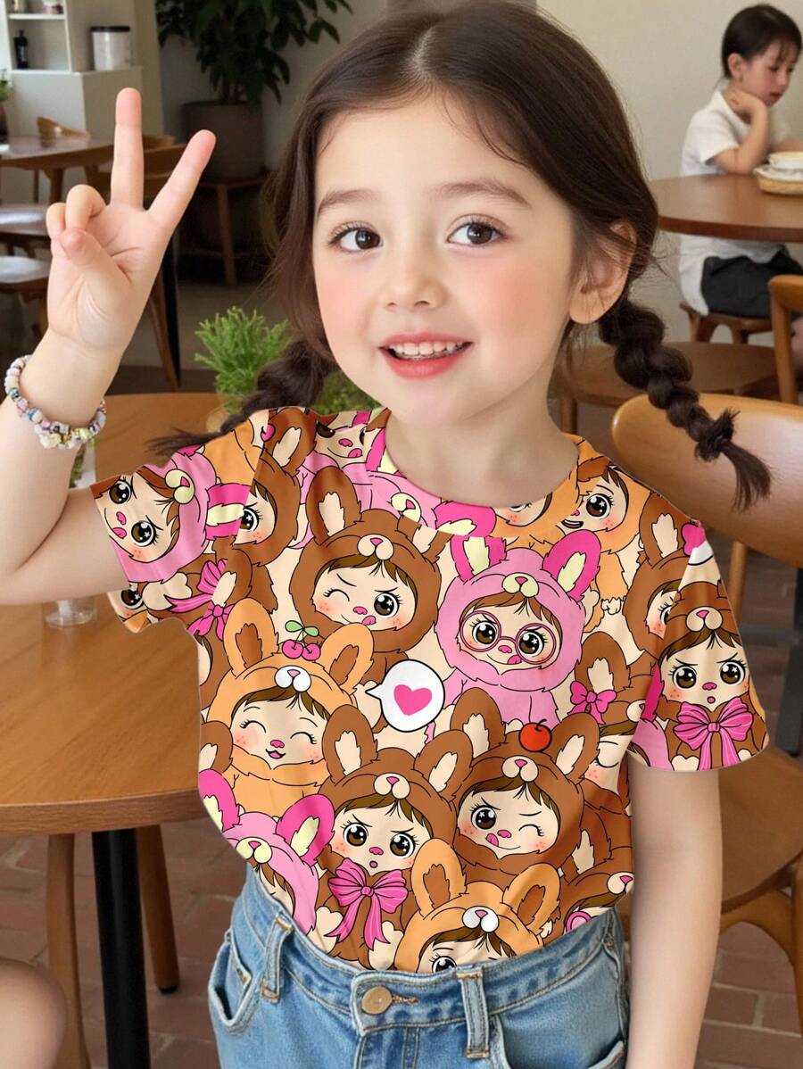 SHEIN Áo thun ngắn tay cổ tròn in hình thỏ Bubu dễ thương kiểu anime retro vintage tối giản dành cho bé gái của Happikins, thích hợp cho mùa hè, mùa thu, thoải mái, thời trang, mặc thường ngày, họa tiết bắt mắt, đi học, dự tiệc, dã ngoại ngoài trời, chụp ảnh đường phố, ở nhà, trong khuôn viên trường, thư giãn. - Nhiều màu - Xem 1