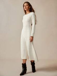 Chiquease Solid Color A-Line Knit Dress, Round Neck Hollow Out Bohemian Style Knit Dress Fall Winter Cloth For Women - Apricot - View 3