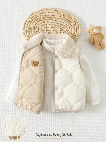 Cozy Pixies Baby Boy Cartoon Bear Pattern Reversible Collar Thermal-Lined Sleeveless Open Front Vest Fall Winter