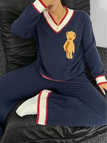 Sunnyshic Plus Size Women's Cute Bear Pattern Jacquard Knit V-Neck Sweater & Pants Set,Navy Blue,Autumn,Casual,School,Back-To-School 2-Piece Sweater Set - Royal Blue - View 2
