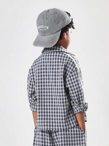SUMWON Kids Checkered Long Sleeve Button Down Casual School Uniform Comfortable Preppy Classic Regular Fit Navy Plaid Shirt With Logo Badge Fall Winter - Royal Blue - View 2