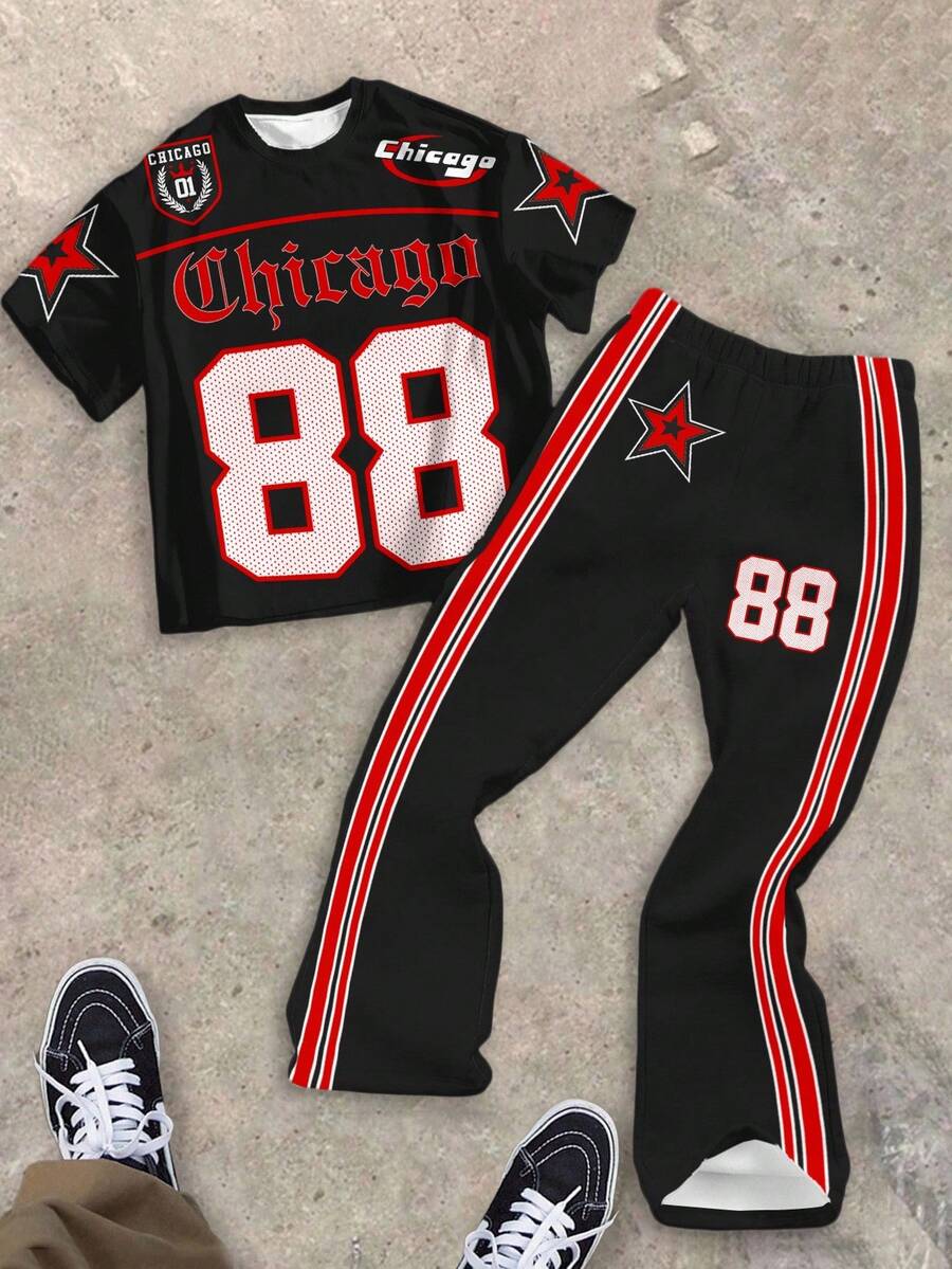 SHEIN Tween Boy 经典酷炫运动风格，经典数字 88，哥特式芝加哥文字图案，酷炫时尚星星图案印花 T 恤和喇叭裤 2 件套，适合夏季 - 彩色 - 查看 1