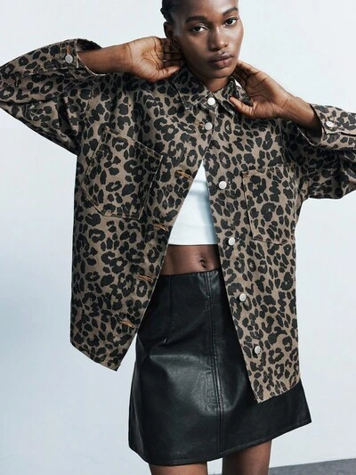 SHEIN Maija レディース レオパード柄 2K ヴィンテージデニムジャケット ウエスタン 秋 新作 2000年代