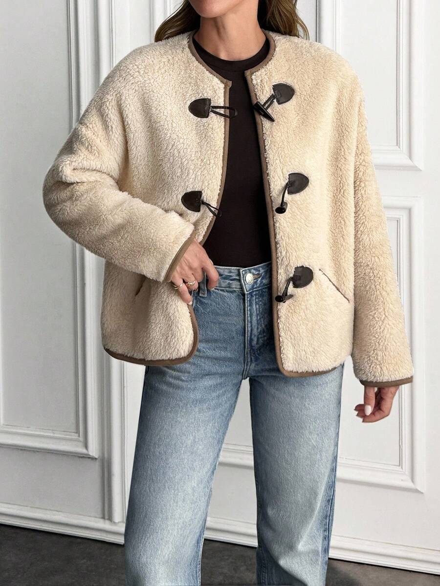 EURMUSE 撞色斜口袋羊毛粗呢大衣 - 米色 - 查看 1