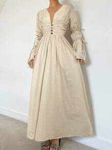 Siren Gaze 100% 纯棉新款秋季 V 领缺口褶皱系带超长喇叭袖飘逸 A 字型棉质连衣裙，舒适宽松休闲适合秋冬米色连衣裙女长袖超长连衣裙女休闲连衣裙长款休闲连衣裙棕褐色连衣裙女度假连衣裙长袖婚礼宾客连衣裙女 - 杏色 - 查看 8