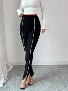 Selianne Women's Black Tights Contrasting Pearl Ribbon Knitted Texture Split Hem Leggings,Black And White,Summer,Classy,Party Leg-Lengthening Office Trousers - Black - View 8