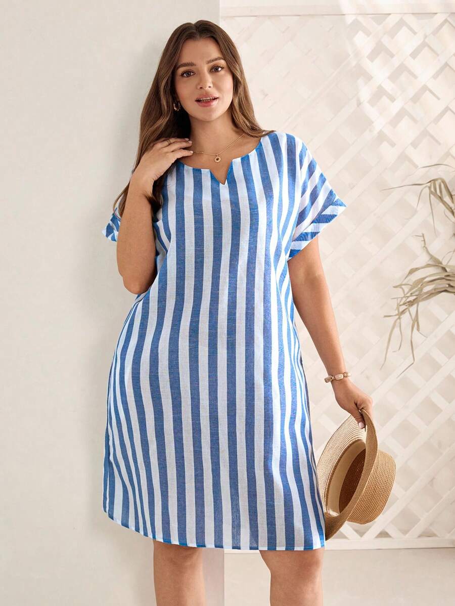 EMERY ROSE Plus Size Women's Early Spring Short Sleeve Striped Dress