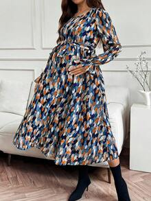 SHEIN Maternity Leaf Print Round Neck Ruffle Sleeve Elegant Dress  Fall   Maternity  Dress - Multicolor - View 1