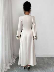 Al Najma Women Arab Style Embroidered V-Neck Tie Waist Fitted A-Line Long Sleeve Woven Dress - Apricot - View 2