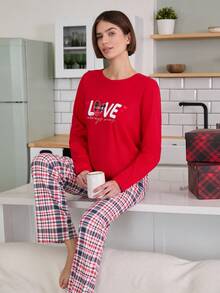 RueChic Valentine's Day Couple Contrast Colour LOVE Printed Tee And Plaid Pattern Sleep Bottom Pajama Set - Red - View 4