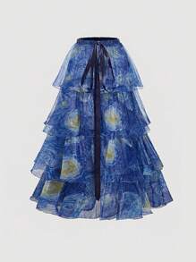 SHEIN MOD Blue Van Gogh Starry Sky Painting Print Long Dress For Women, Party Dress, Multipiece Dress Set, Floral Dress For Women, Elegant Dresses For Women, Three Wear Dress, Elegant Dresses For Party, Beach Dress, Holiday Dresses For Women - Blue - View 6