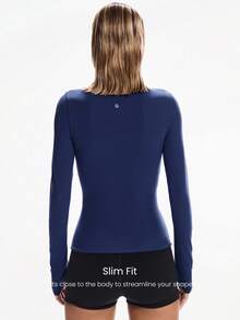 GLOWMODE FeatherFit™ 方领长袖T恤，带拇指孔，低冲击瑜伽日常可拆卸罩杯 - Dark Blue - 查看 2