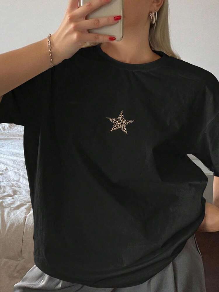 Star & Leopard Print Pattern Loose Fit Crew Neck Short Sleeve Basic T-Shirt