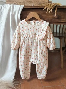 SHEIN Baby Girls' Ditsy Floral Jumpsuit, Soft Fabric, Comfortable, Long Sleeve, Suitable For Spring/Autumn, Cute Countryside Style - Multicolor - View 3