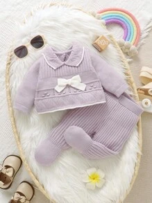 Baby Mädchen Pullover Co-Ords, modisch lässig süß Langarm Rüschenkragen mit Schleife Dekor gestrickter Pullover und passende gestrickte Leggings 2-teiliges Set, weicher Stoff geeignet für täglichen Gebrauch, Ausflüge, Reisen, Urlaub, Zuhause, Kinderbetreuung und Baby Mädchen Spiel, Baby lila Outfit Baby Mädchen Winter Sets Flieder Baby Mädchen Outfit Baby Mädchen gestrickte Outfits Neugeborene Baby Mädchen gestricktes Outfit - Mauve - Übersicht 3