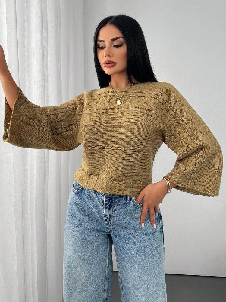 Women'S Solid Color Batwing Sleeves Sweater - Camel - View 3