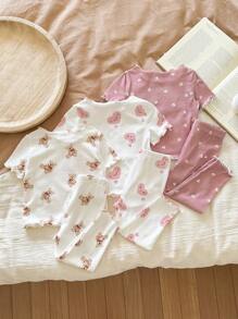 SHEIN LMoss Kids LMoss  6pcs Baby Girl Cute Cartoon Bear & Floral Print Ruffle Trim Round Neck Short Sleeve Top And Pants Casual Comfy Knit Pajama Set Graphic Teddy Bear Baby Clothes Baby Girl Pajama Set Heart Print Baby Pajamas Baby Girl Clothes Set Newborn Baby Girl Clothes - Multicolor - View 2