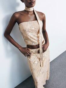 Maija 2 件套女士休闲度假抹胸领带亮片串珠设计，适合春夏季 - 卡其色 - 查看 4