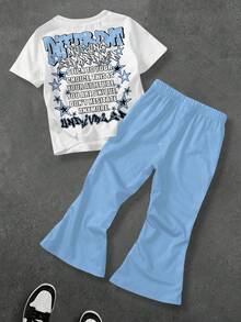 SHEIN 两件套男婴休闲时尚个性化头像及标语印花圆领T恤搭配星形印花喇叭裤，适合夏季和秋冬季穿着。 - 彩色 - 查看 5