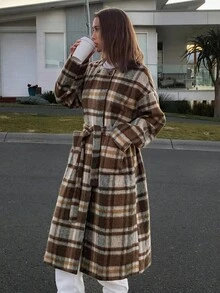 DAZY 女士格子羊毛大衣，宽松版型，长款，系腰，修身，适合万圣节，冬季 - 棕色 - 查看 1