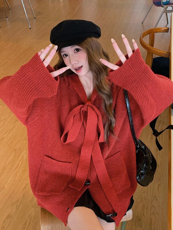 DAZY 女式蝴蝶结 V 领休闲长袖纯色开衫