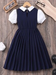 Váy xếp ly 2 trong 1 tay bồng dễ thương phong cách học sinh màu xanh navy và trắng tương phản nơ biểu tượng eo - Màu xanh hải quân - Xem 2
