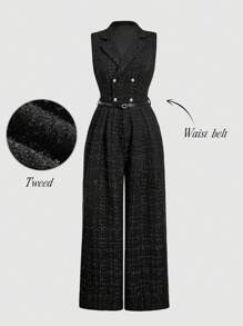 SHEIN MOD Bộ đồ liền thân ống rộng bằng vải tuýt cổ điển màu đen thanh lịch cỡ lớn, bộ đồ liền thân kiểu áo vest cổ bẻ bằng vải tuýt dành cho nữ, phù hợp để đi làm, đi làm, mặc thường ngày và những dịp trang trọng, quý cô duyên dáng - màu đen - Xem 2