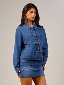 Avantive Women's Aqua Blue Tie Front Denim Jacket,Casual Everyday Autumn Western Wear,Y2k 90S Vintage Streetwear For Country Concert,Back To School&Vacation - Medium Wash - View 4