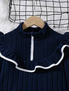 SHEIN Explorewe Baby Girl Ribbed Texture Color Block Ruffle Splice Zipper Stand Collar Casual Sports Suit Fall Winter - Royal Blue - View 5