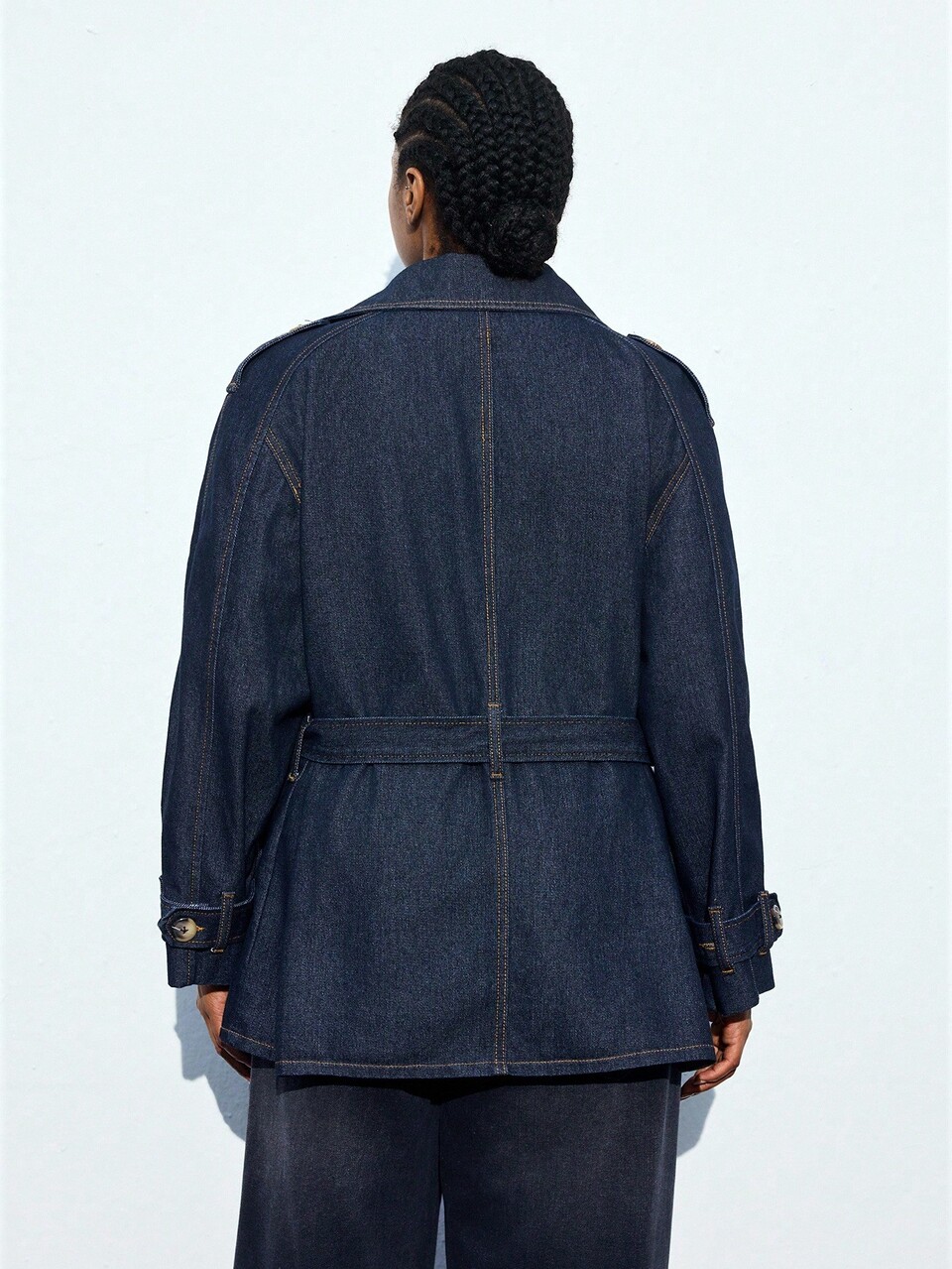 SHEIN Maija Plus Size Dark Blue Denim Jacket, Elegant Trench Coat With Bow Belt, French Elegant Autumn Jacket