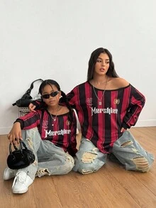 青少年女孩不对称领条纹字母印花长袖套头衫 - 彩色 - 查看 2