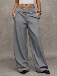 SHEIN BAE Damen Lässig Weite Hose, Einfarbig, Herbstkleidung für Frauen, Herbstkleidung Damen, Winterkleidung Damen, Halloween, Streetwear, Rückkehr zur Schule, Herbstkleidung für Frauen, Herbst, Herbstkleidung Damen, Winterkleidung Damen - Grau - Übersicht 1