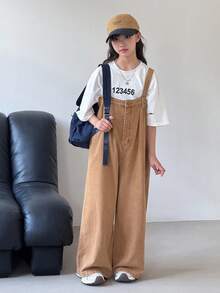 SHEIN Tween Girls Y2K Khaki Washed Oversize Baggy Wide Leg Denim Jumpsuit,Back-To-School Streetwear,Summer School Outfit,Autumn Winter Camel Casual Jeans - Khaki - View 1