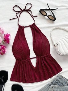 Soleia 性感休闲度假 V 领露背纹理面料背心 - 酒紅色 - 查看 1