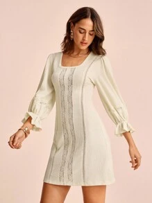 CAJUNI Women's Lace Patchwork Textured Semi-Sheer Boho Puff Sleeve A-Line Mini Dress - Cream - View 4