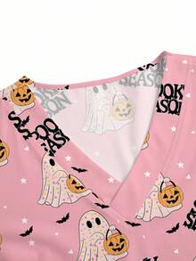 PopScrub Plus Size V-Neck Pink Short Sleeve Nurse/Doctor Hospital Uniform Top,Cute Halloween Pattern Design,Summer Health Check Surgery Lab Coat Multi-Pockets - Pink - View 3