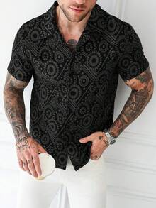 Manfinity Homme Áo sơ mi tay ngắn cài nút Jacquard dành cho kỳ nghỉ hè dành cho nam - màu đen - Xem 3