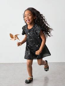 Maija Kids Maija Kids 少女圆领亮片荷叶边袖连衣裙 - 黑色 - 查看 4