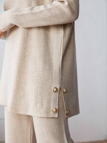 EURMUSE Women's Solid Color Drop Shoulder Long Sleeve Button Design Sweater And Flared Knit Pants Set Knit Two Piece Set Beige Two Piece Set Comfortable Two Piece Set Two Piece Set Women Ribbed Two Piece Set,Winter Clothes - Beige - View 3