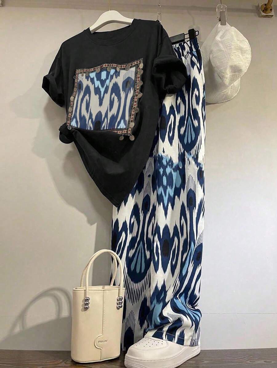 Chiquease Vintage Print T-Shirt And Wide Leg High Waist Loose Pants Set