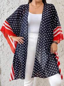 SHEIN LUNE Plus Size Women National Flag Lightweight 4th Of July Cover Up Kimono - Navy Blue - View 5