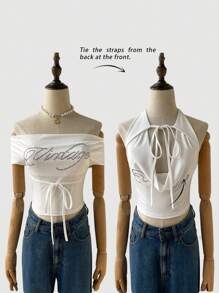 SHEIN MOD Blusa con 2 formas de usar con cristales de strass blancos - Blusa brillante para usar de vacaciones, estilo occidental, look campestre, vacaciones en la playa, estilo bohemio, perfecta para citas, vacaciones, cumpleaños, atuendo festivo y uso en fiestas - Blanco - Ver 2