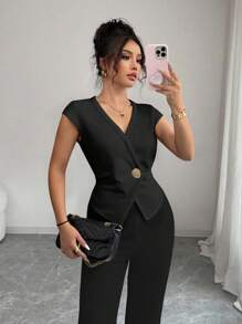 Elenzga 女士法式优雅廓形单排扣不对称交叉 V 领腰部修饰 T 恤 - 黑色 - 查看 4