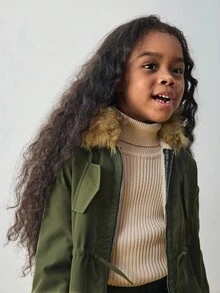 Maija Kids 少女仿皮草衬里长款连帽大衣 - 軍綠色 - 查看 4