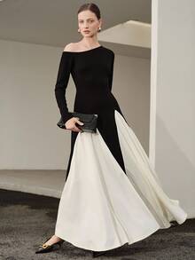 Uhlyne Women's Autumn Knitted Dress With Color Blocking, Asymmetric Off-Shoulder Design, Minimalist Style, Suitable For Casual, Work, And Wedding Guest Occasions-Elegant And Sophisticated. Fall Cloth For Women